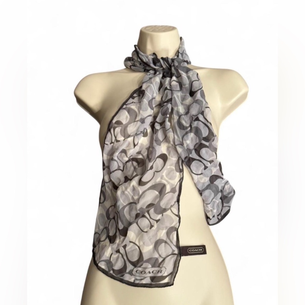 Coach 100% Silk Signature C Logo Gray Black Oblong Scarf Wrap Shawl